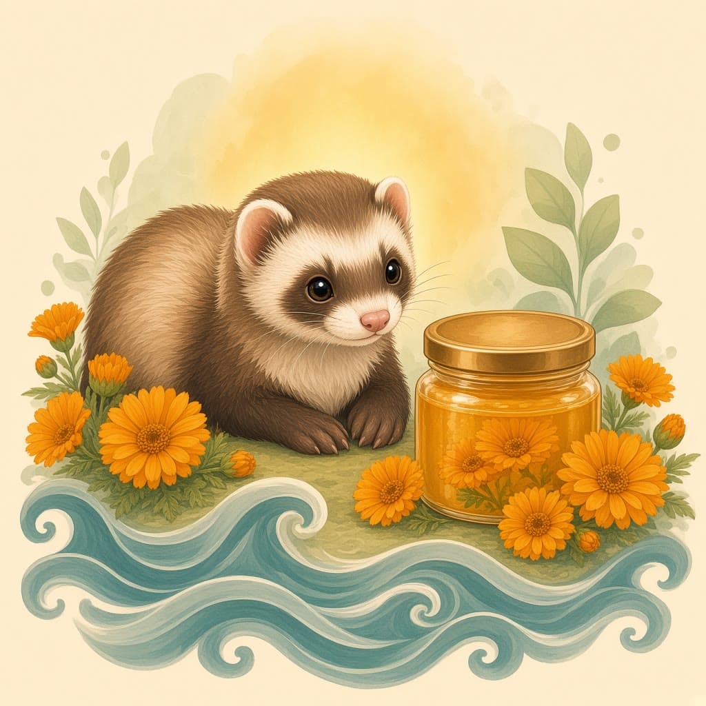 Calendula Garden Salve, gouache illustration with a sable ferret