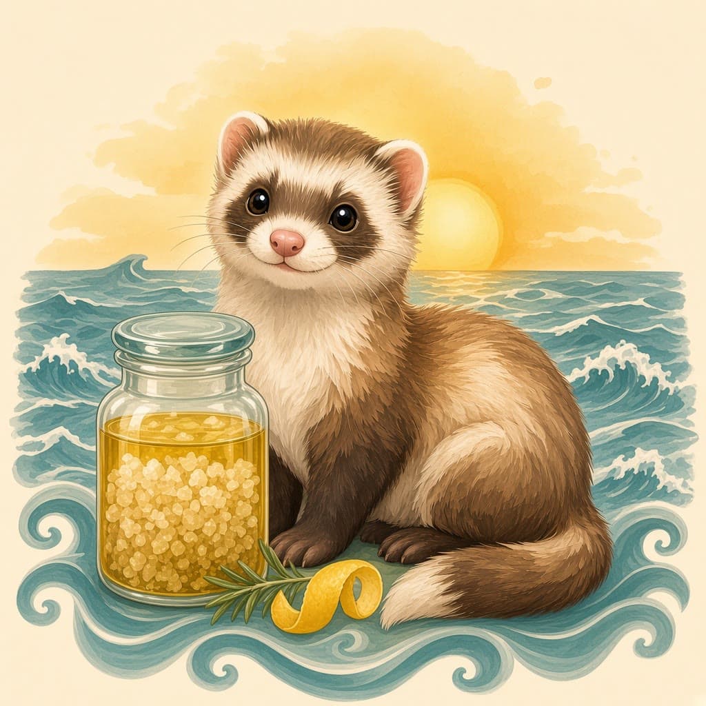 Ocean Sea Salt Scrub, gouache illustration with a sable ferret